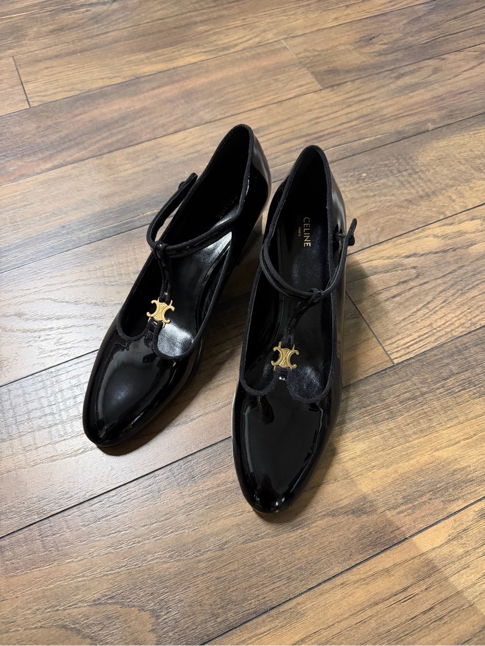 Celine Triomphe Black Patent Leather T-Strap Pumps 39